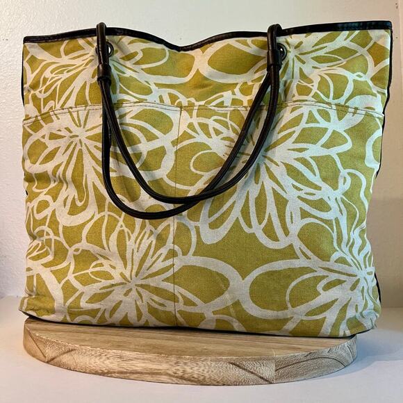 Large Yellow Retro Floral Beach Summer Brown Vegan Leather Trim Tote Bag - Picture 1 of 16
